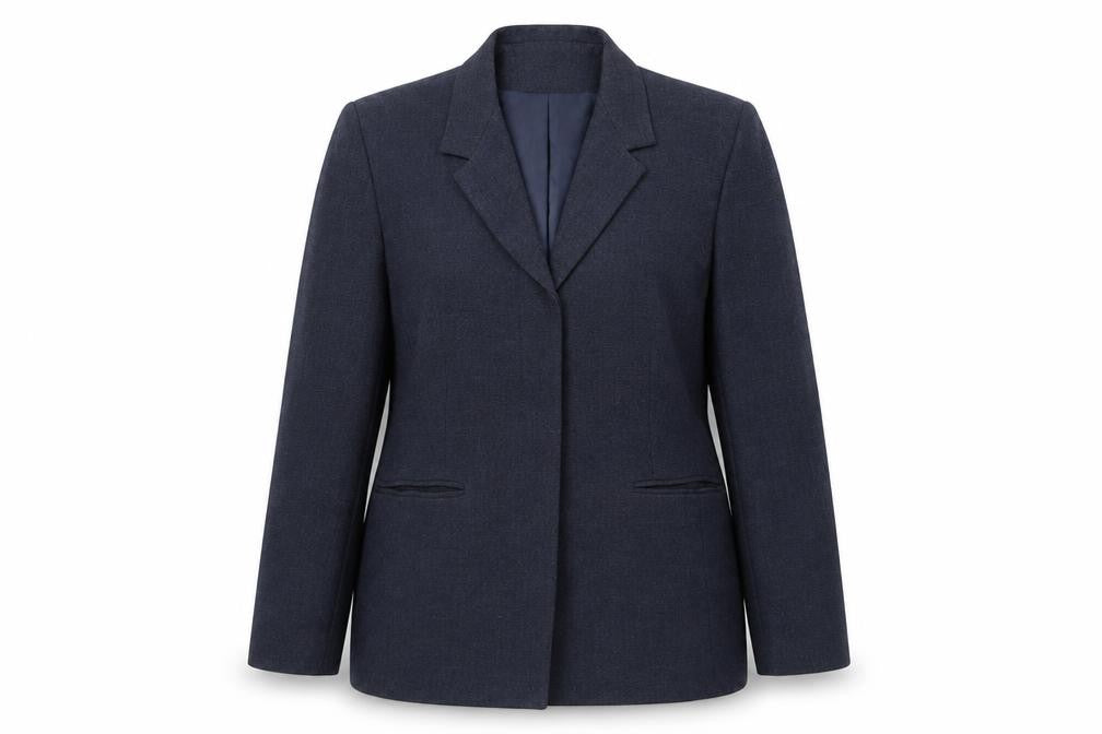 Front view of Ann Brooks women’s blue jacket suit jacket, size UK 12