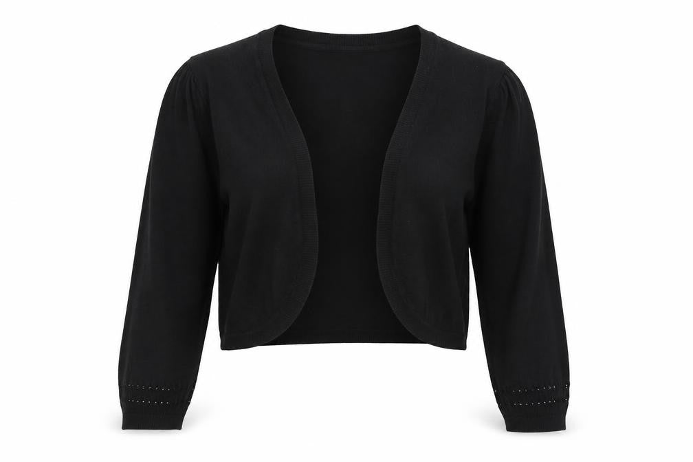 Front view of Atmosphere women’s black knit cardigan jumper, size UK 10