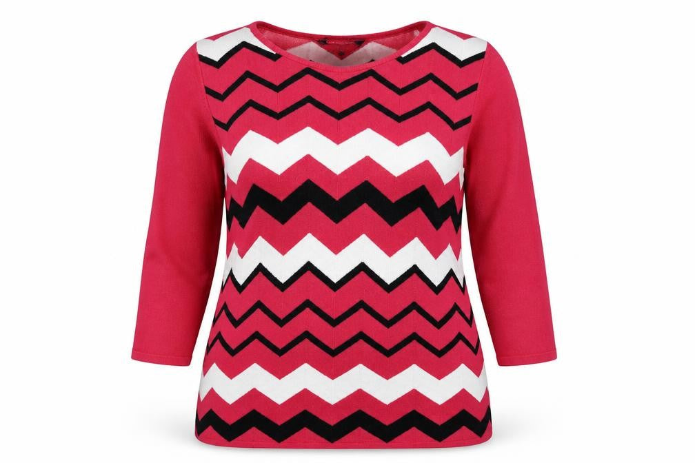 Front view of Bonmarché women’s pink geometric knit jumper, size UK 14