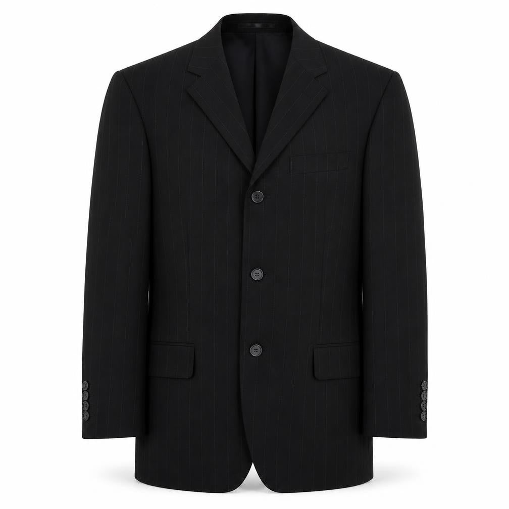 Front view of Charlton Gray men’s black striped jacket suit jacket, size 36