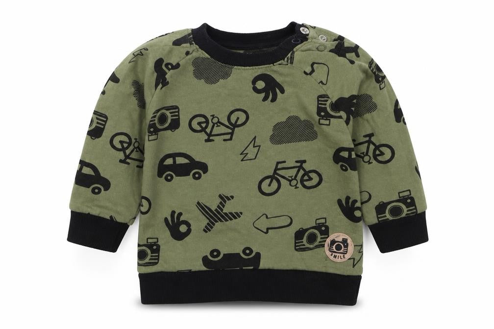 Front view of Nutmeg boys’ green basic t-shirt, size 6-9, months - cars bicycles planes