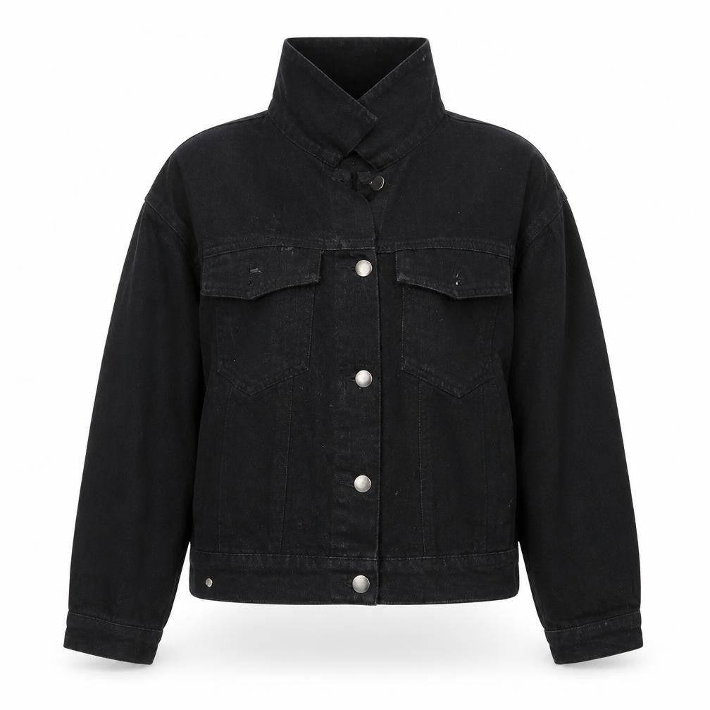 Front view of SHEIN women’s black denim jacket, size XS