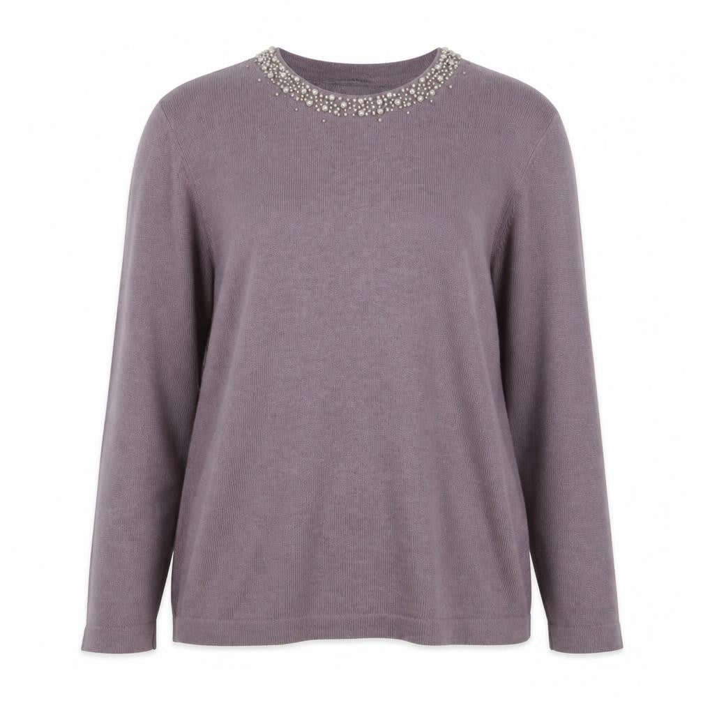 Front view of Marks & Spencer women’s purple knit jumper, size UK 12