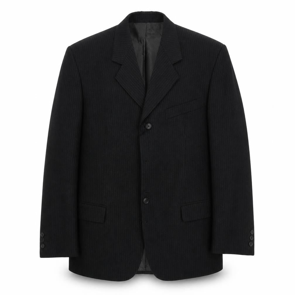 Front view of Cutler & Co men’s black striped jacket suit jacket, size 42