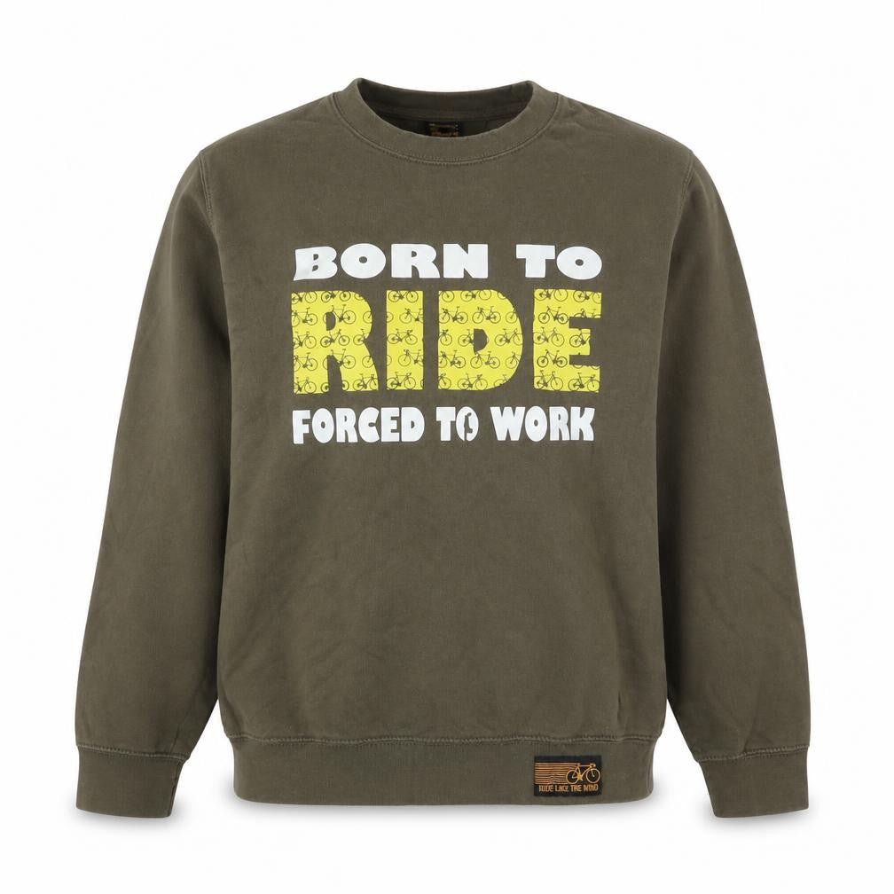 Front view of Ride Like the Wind women’s green batik pullover sweatshirt, size M, - born to ride forced to work