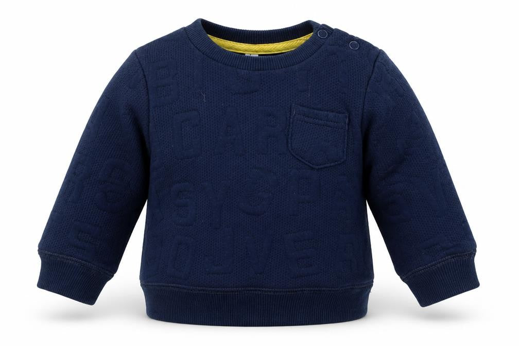 Front view of F&F boys’ blue basic t-shirt, size 3-6, months - alphabet