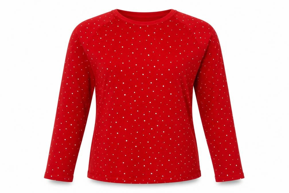Front view of Primark women’s red polka dot top pyjama top, size UK 6