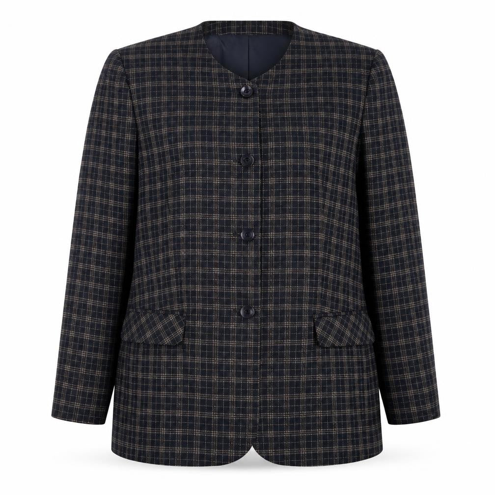 Front view of Compliments women’s blue check jacket, size UK 16