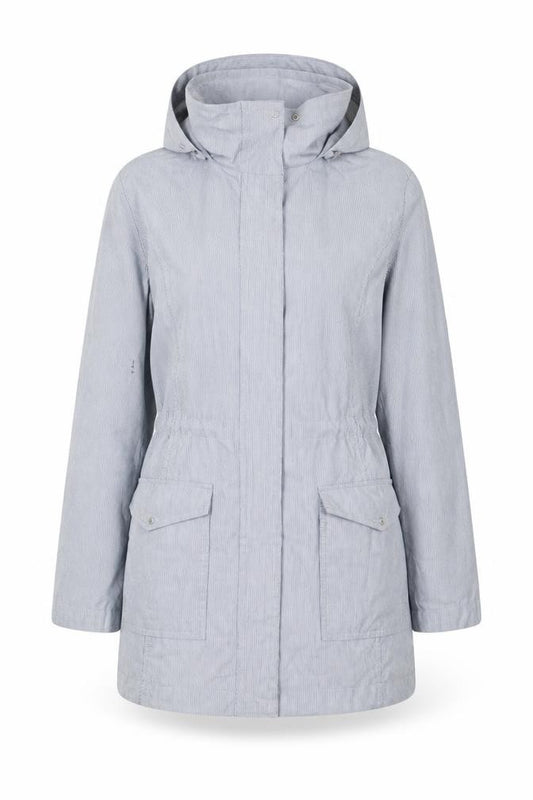 Front view of Bonmarché women’s blue striped jacket coat, size UK 12