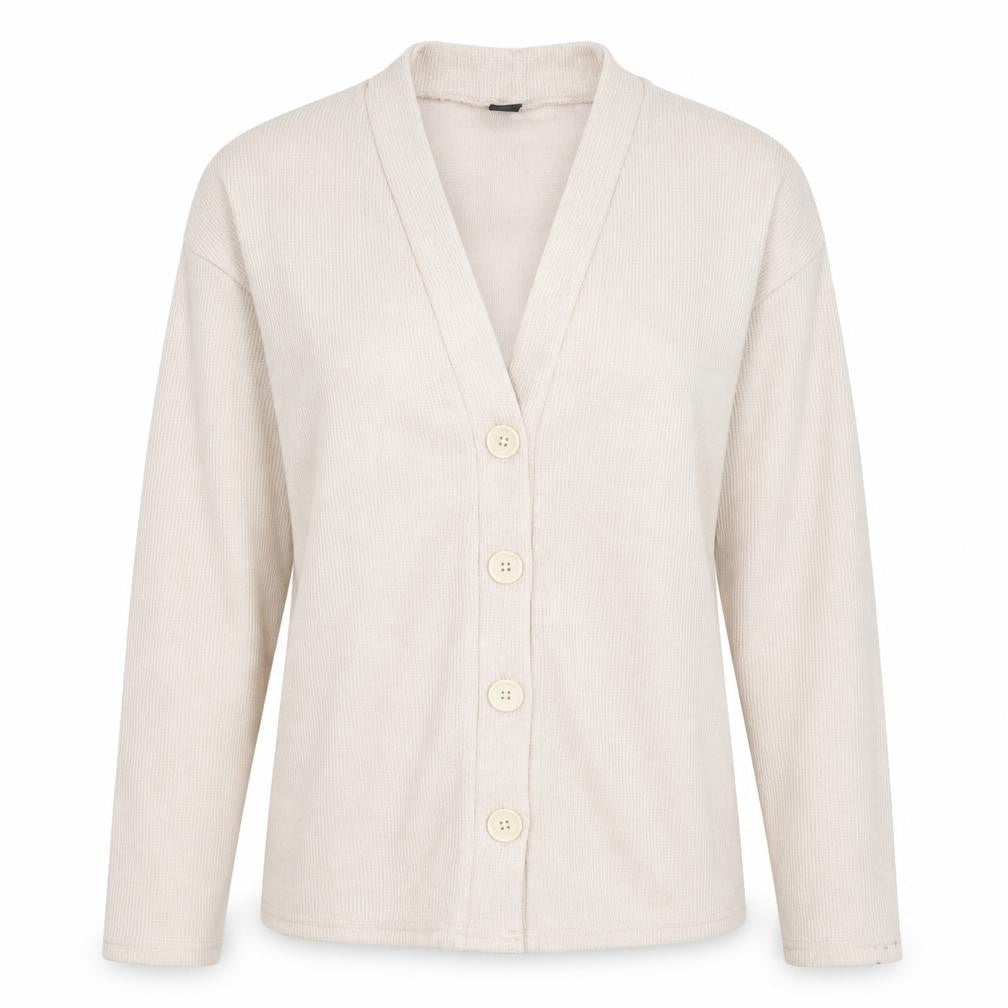 Front view of SHEIN women’s beige knit cardigan jumper, size S