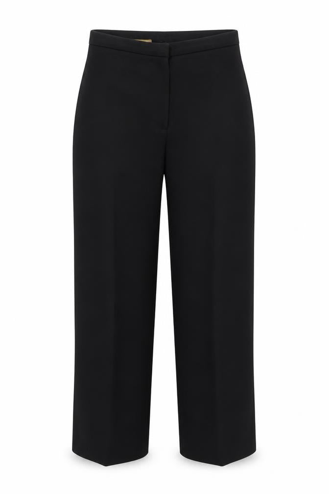 Front view of dacron women’s black trousers, size UK 14, 30-inch leg