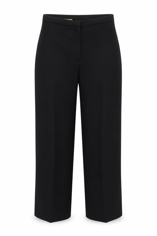 Front view of dacron women’s black trousers, size UK 14, 30-inch leg