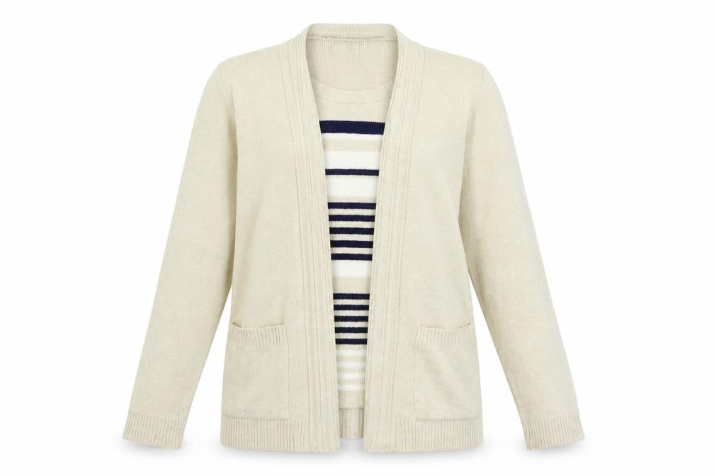 Front view of Hand to Hand women’s ivory striped knit jumper, size S
