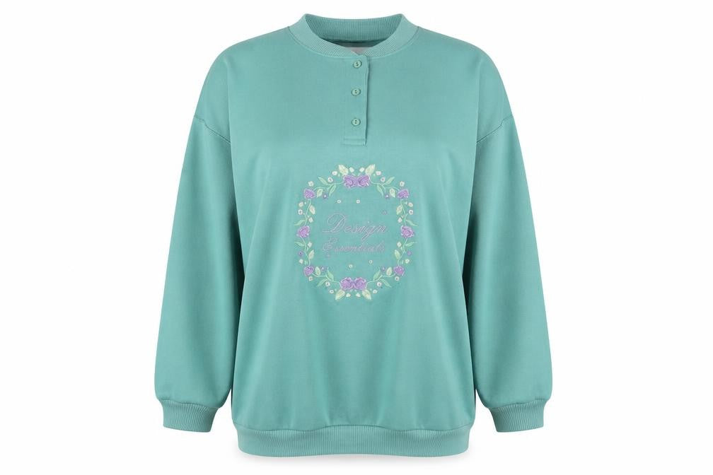 Front view of Design Essentials women’s blue jersey pullover sweatshirt, size S