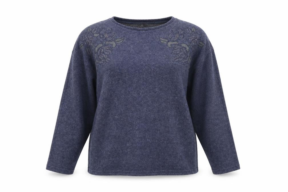 Front view of Nutmeg women’s blue jumper, size UK 14