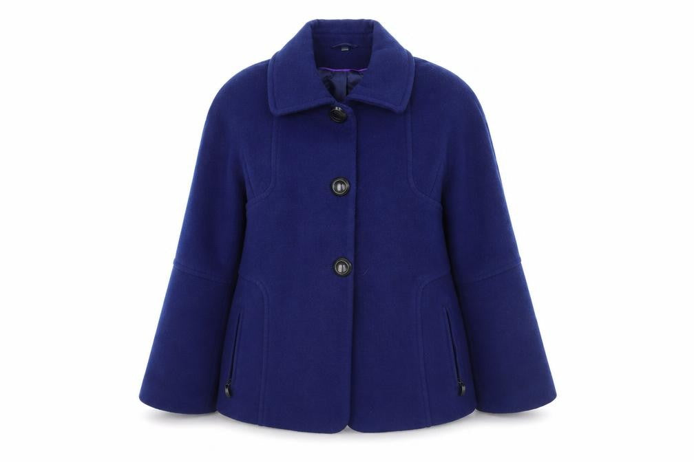 Front view of Preworn women’s blue overcoat coat, size UK 14
