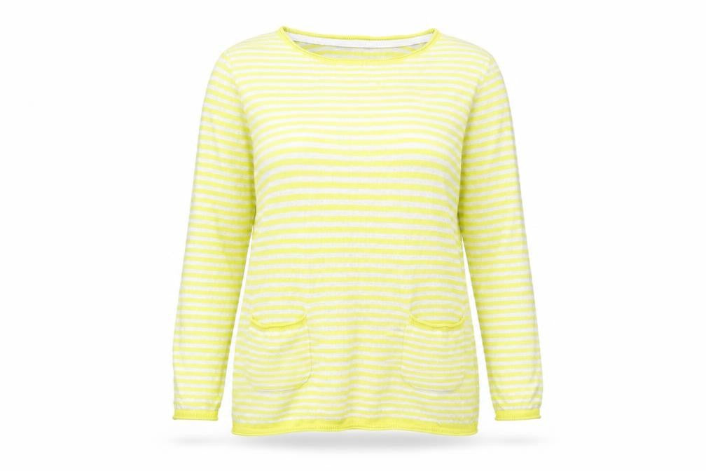 Front view of Lilly & me women’s yellow striped jumper, size UK 12