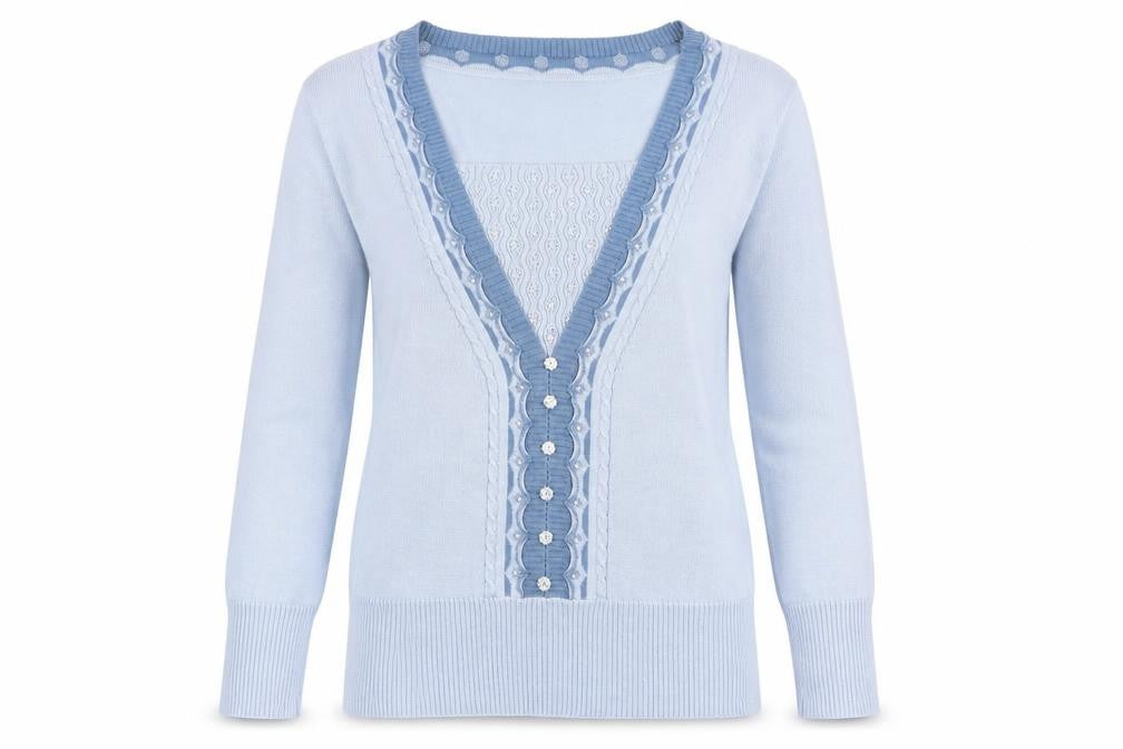Front view of Daxon women’s blue jumper, size UK 10
