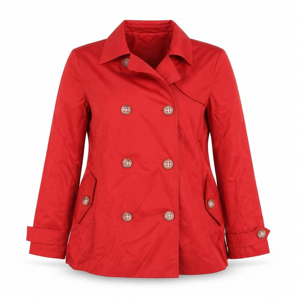 Front view of Ethel Austin women’s red overcoat coat, size UK 12