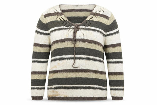 Front view of Papaya women’s multicoloured striped jumper, size UK 16