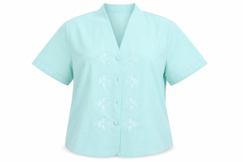 Front view of Riddella women’s green geometric basic button-up, size UK 14