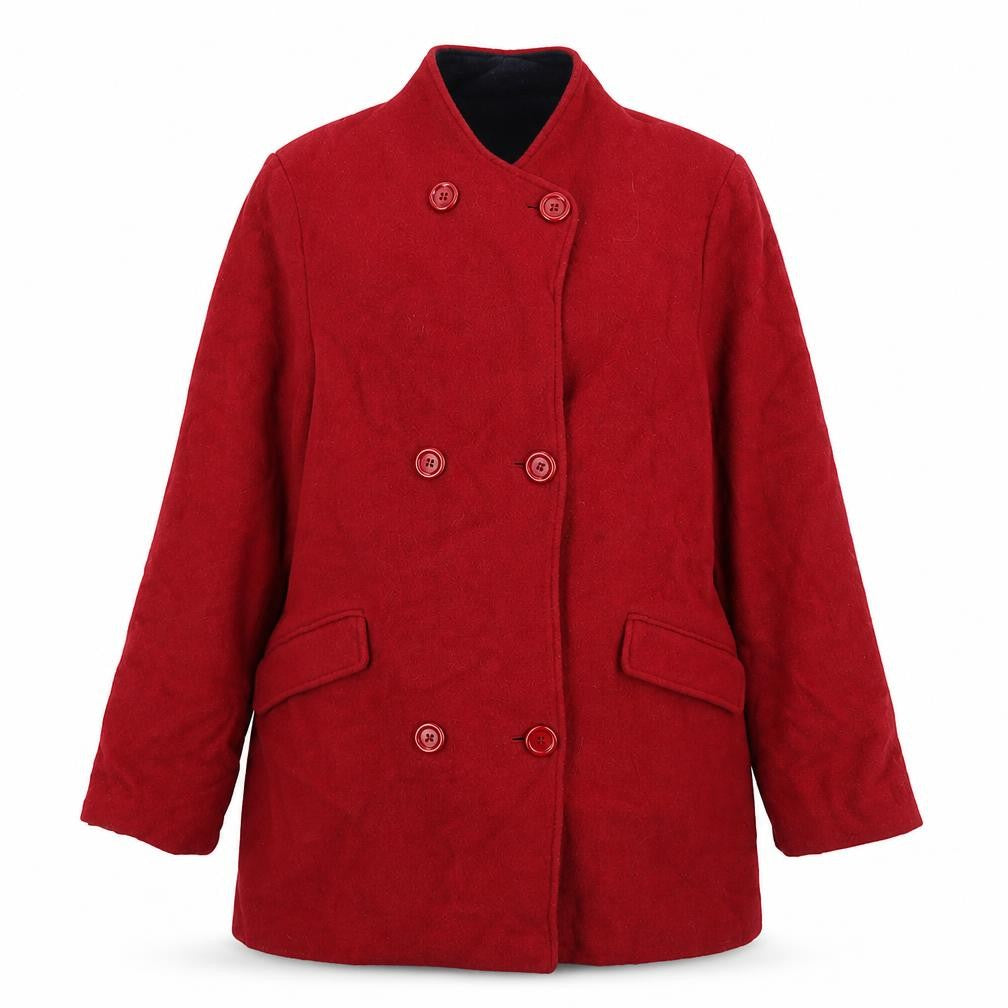 Front view of EWM women’s red overcoat coat, size UK 16