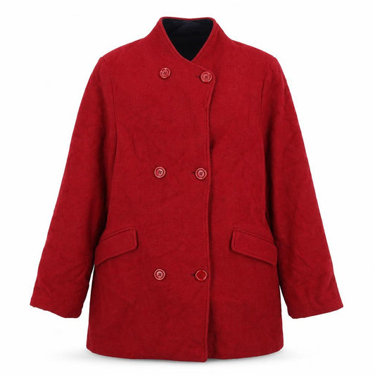 Front view of EWM women’s red overcoat coat, size UK 16