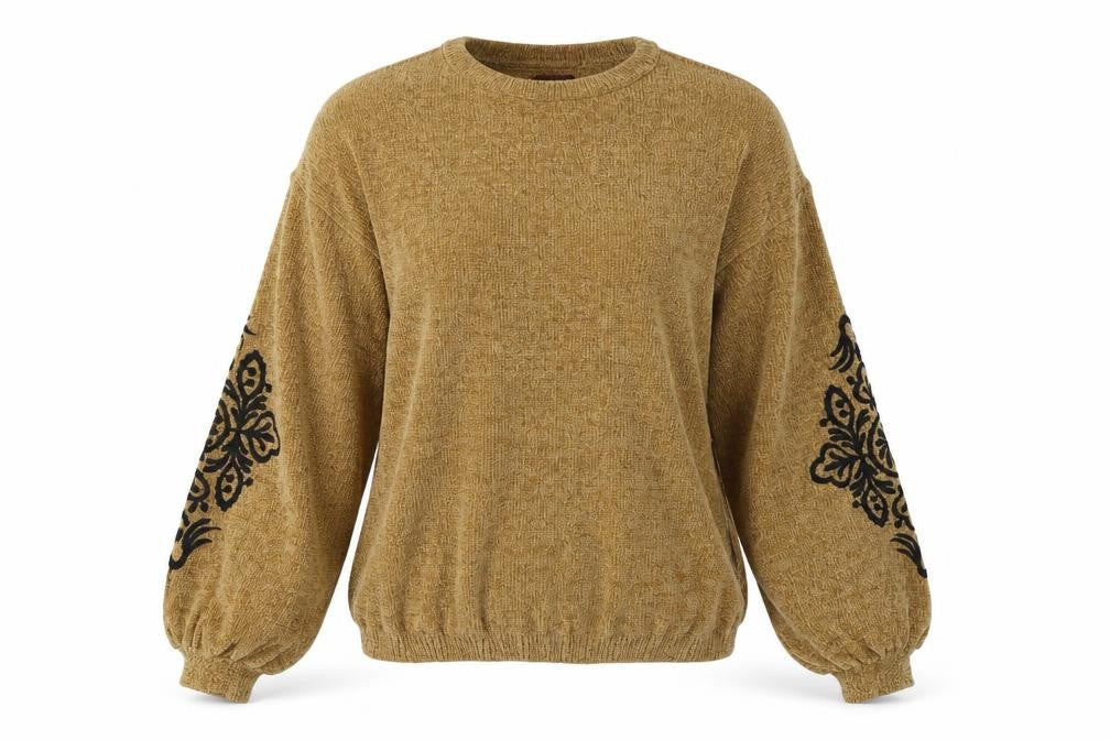 Front view of park keron women’s brown pullover sweatshirt, size M