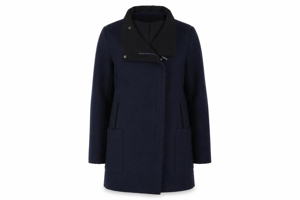 Front view of Dorothy Perkins women’s blue jacket coat, size UK 12
