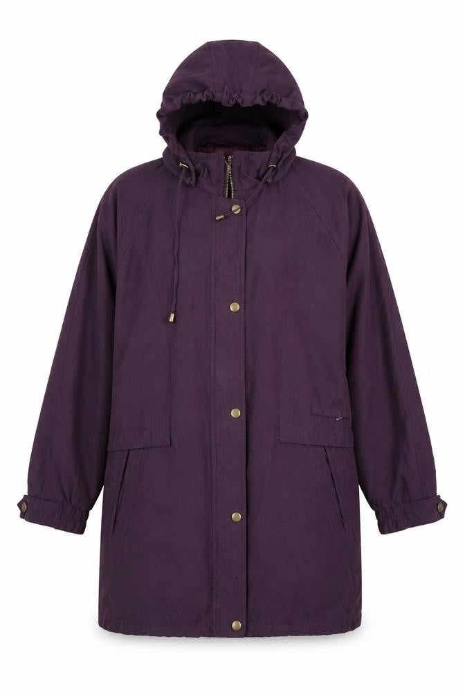 Front view of BHS women’s purple parka coat, size UK 10