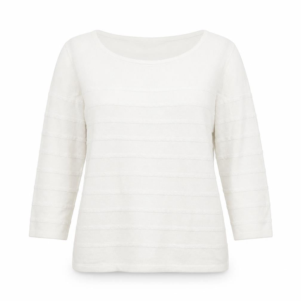 Front view of M&Co women’s white striped knit jumper, size UK 14