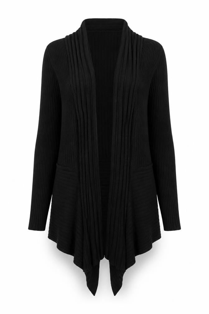Front view of Bonmarché women’s black striped knit cardigan jumper, size M