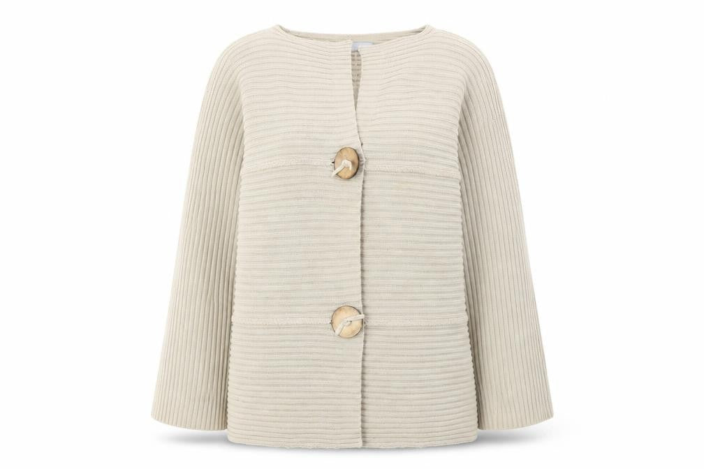 Front view of MODERN SOUR women’s beige houndstooth cardigan jumper, size S