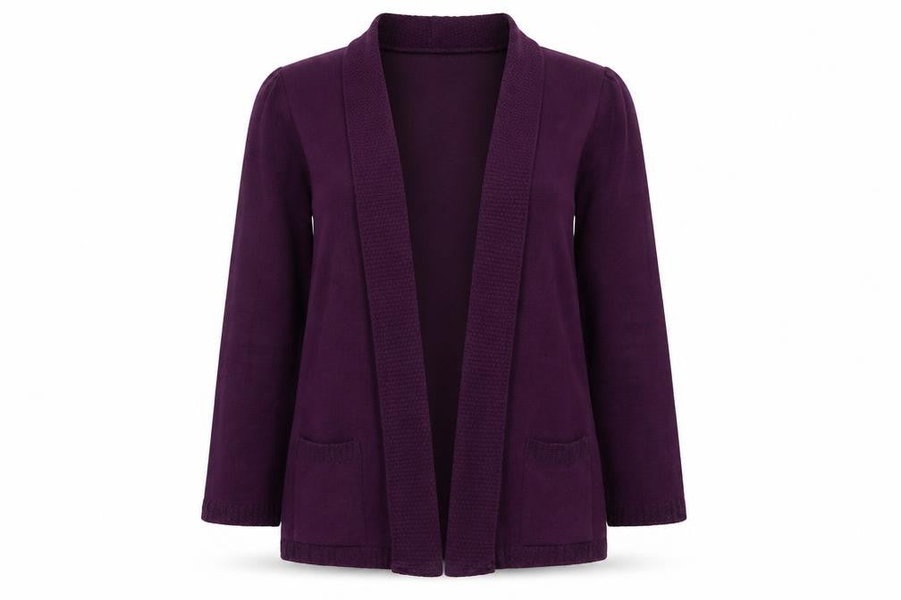 Front view of ME women’s purple cardigan jumper, size M