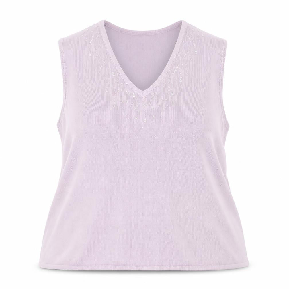 Front view of Alibi Knits women’s purple vest jumper, size UK 18