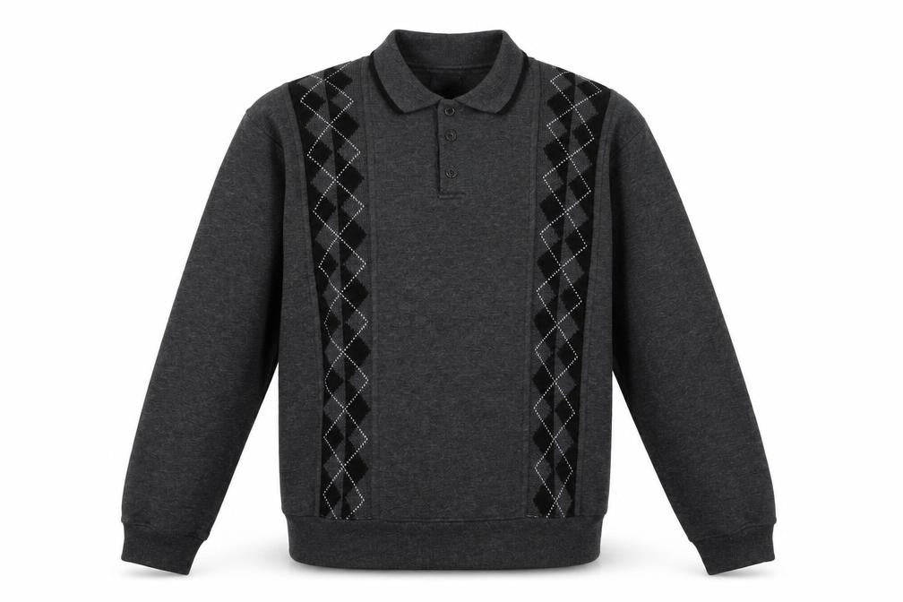 Front view of For Men men’s grey geometric polo, size M