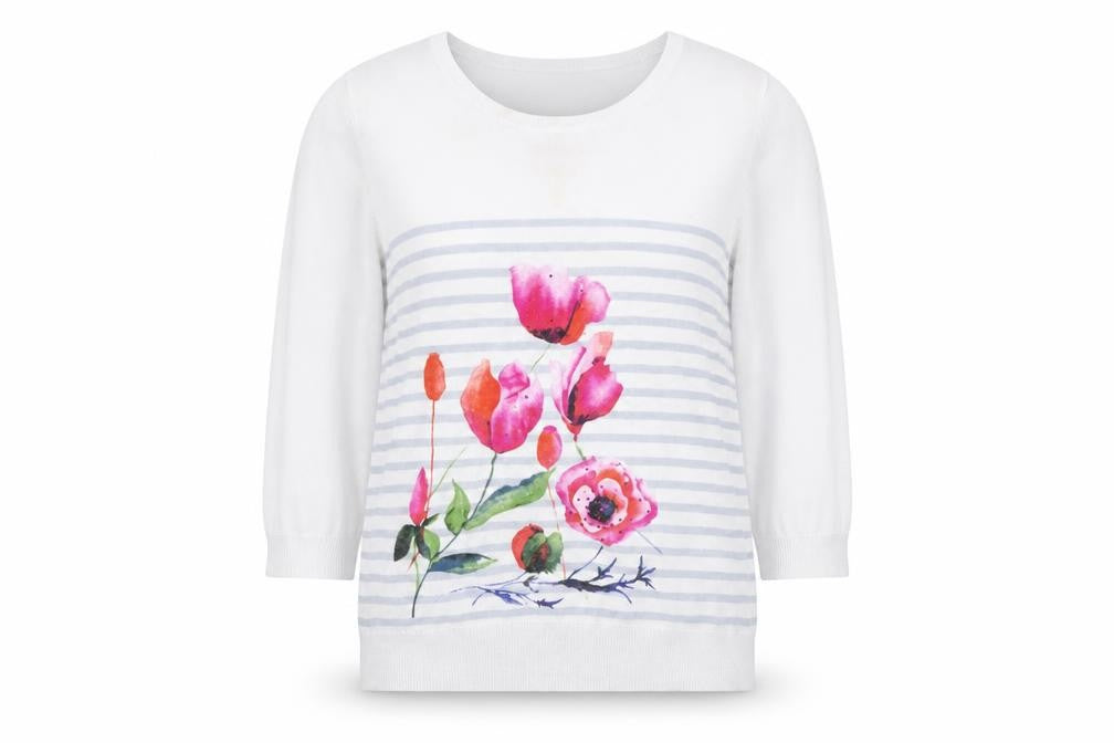 Front view of Simon Jefferey women’s white floral henley jumper, size S