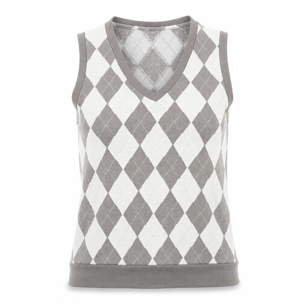 Front view of folded&hung women’s grey geometric jumper, size M