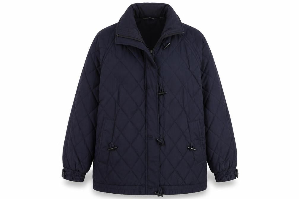 Front view of Sensations women’s blue quilted coat, size UK 12