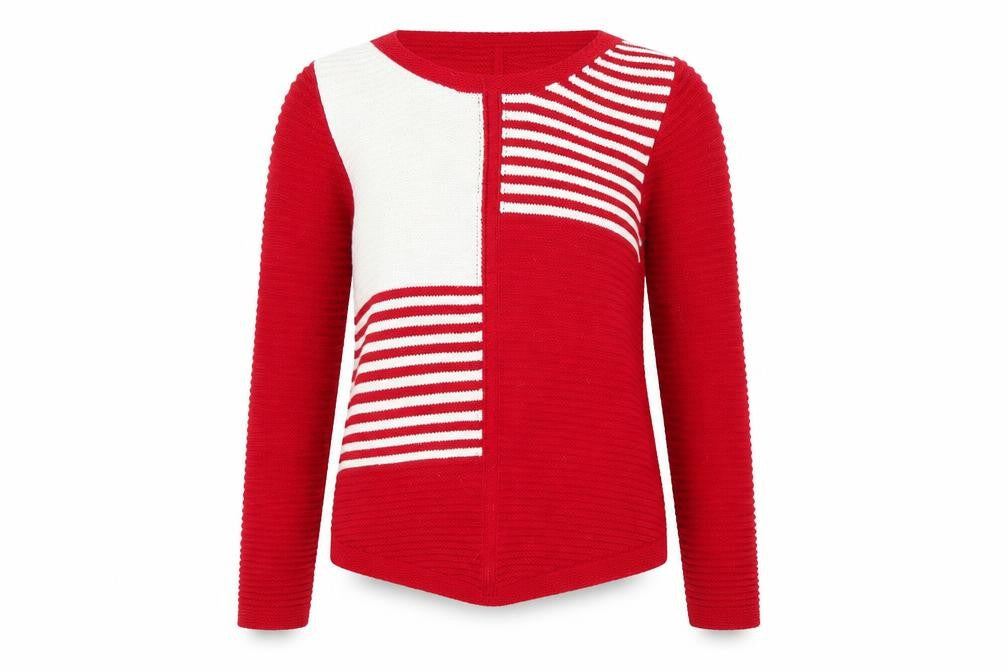 Front view of envy us women’s red striped jumper, size M
