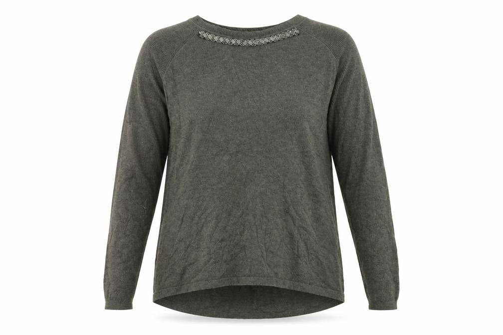 Front view of Finery women’s green knit jumper, size L