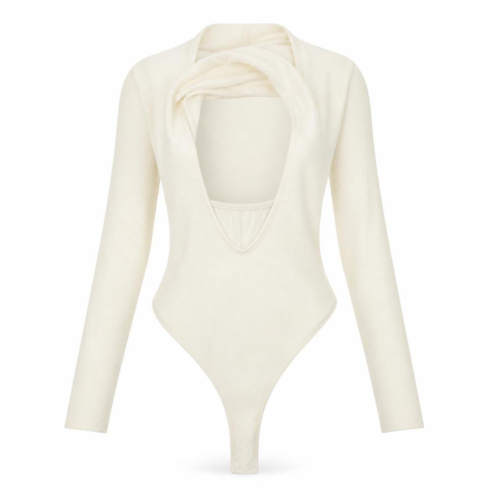 Front view of Boohoo women’s ivory bodysuit one-piece, size UK 6