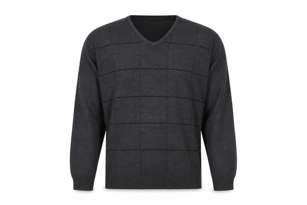 Front view of Simon Taylor men’s grey check jumper, size L