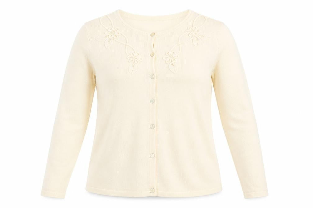 Front view of Preworn women’s yellow cardigan jumper, size S