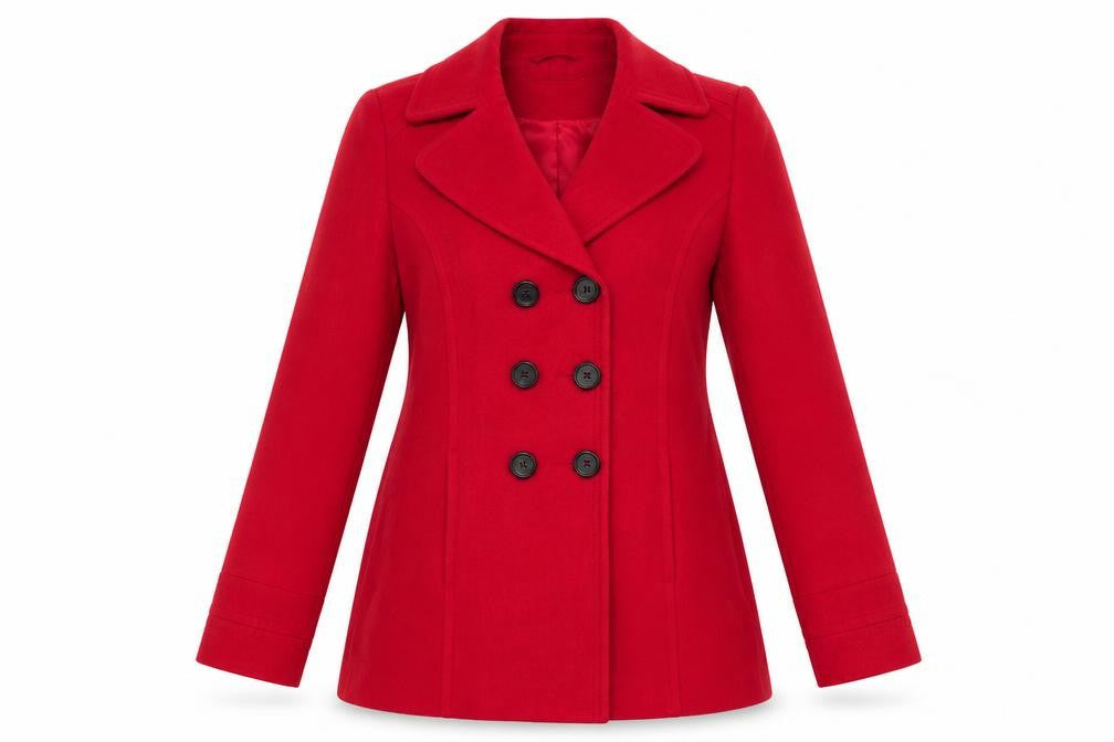 Front view of Autonomy women’s red overcoat coat, size UK 12