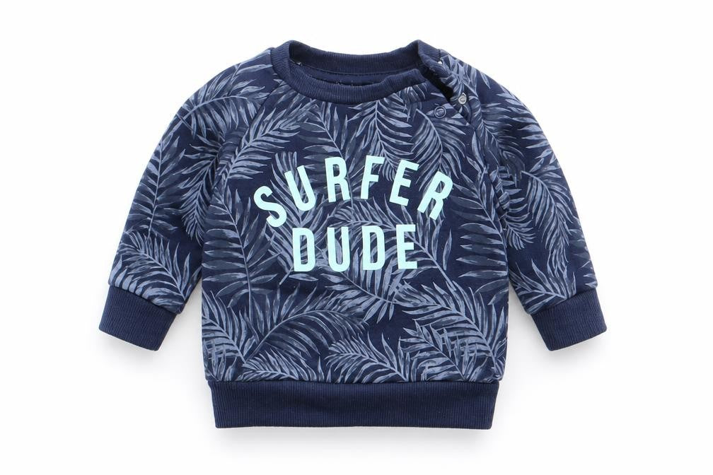 Front view of Primark boys’ blue floral jumper, size 0-3, months