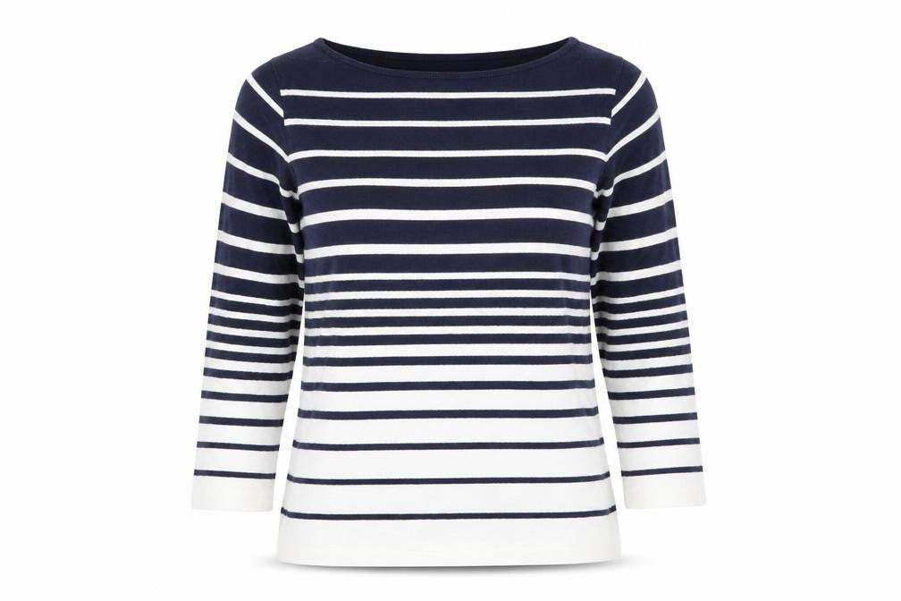 Front view of Afibel women’s blue striped jumper, size UK 10