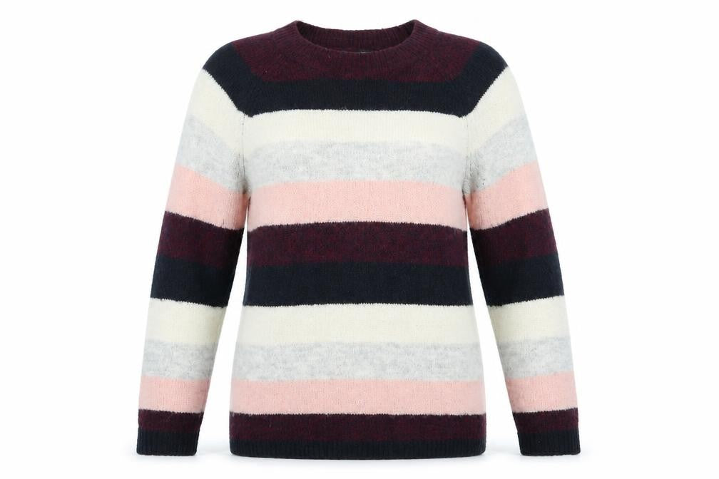 Front view of Dorothy Perkins women’s black striped jumper, size UK 12