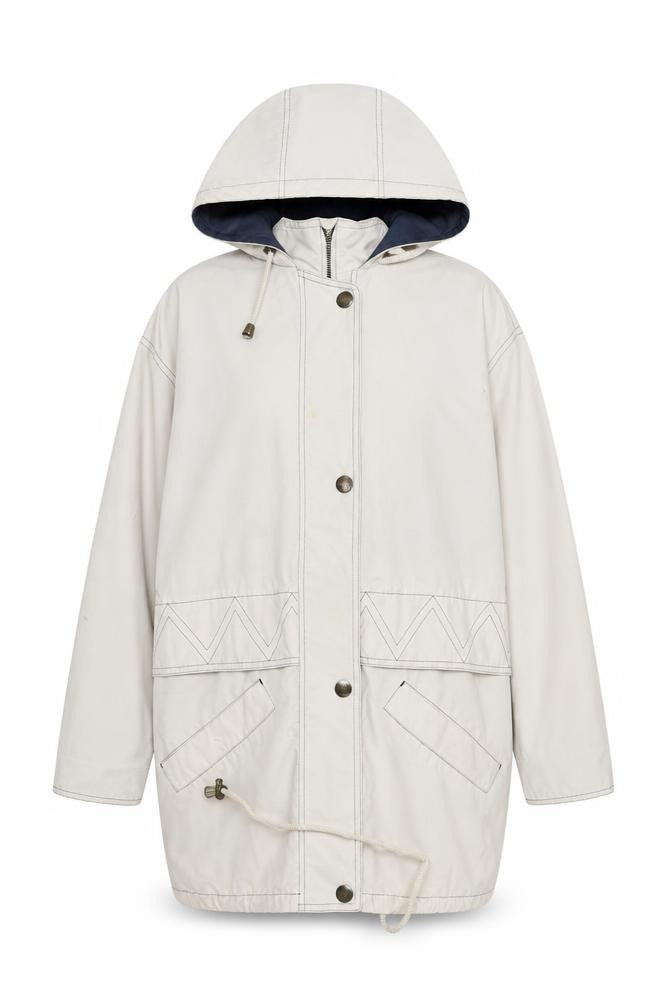 Front view of Telemac women’s beige parka coat, size UK 14