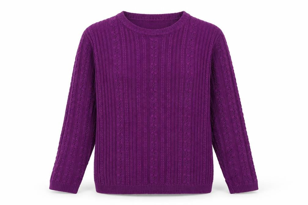 Front view of ISLE women’s purple striped pullover sweatshirt, size UK 12